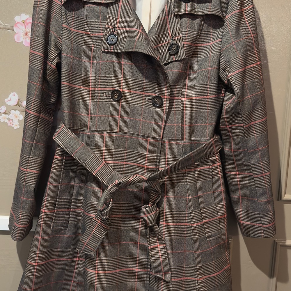 H&M Gray Plaid Trench Coat with Pink Windowpane